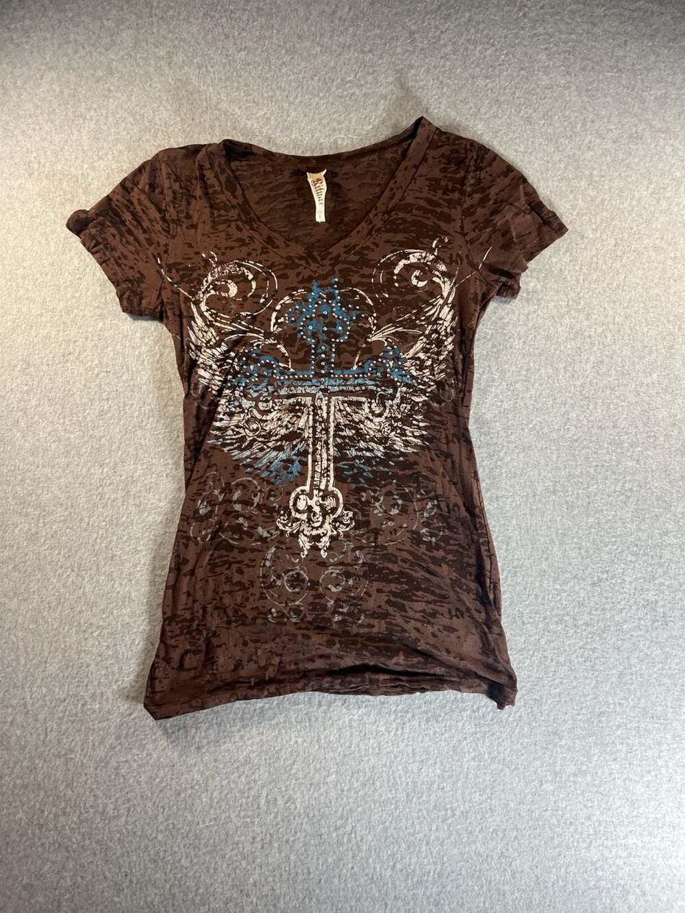 Ritual V-Neck Burnout Graphic Tee with Rhinestone Winged Cross